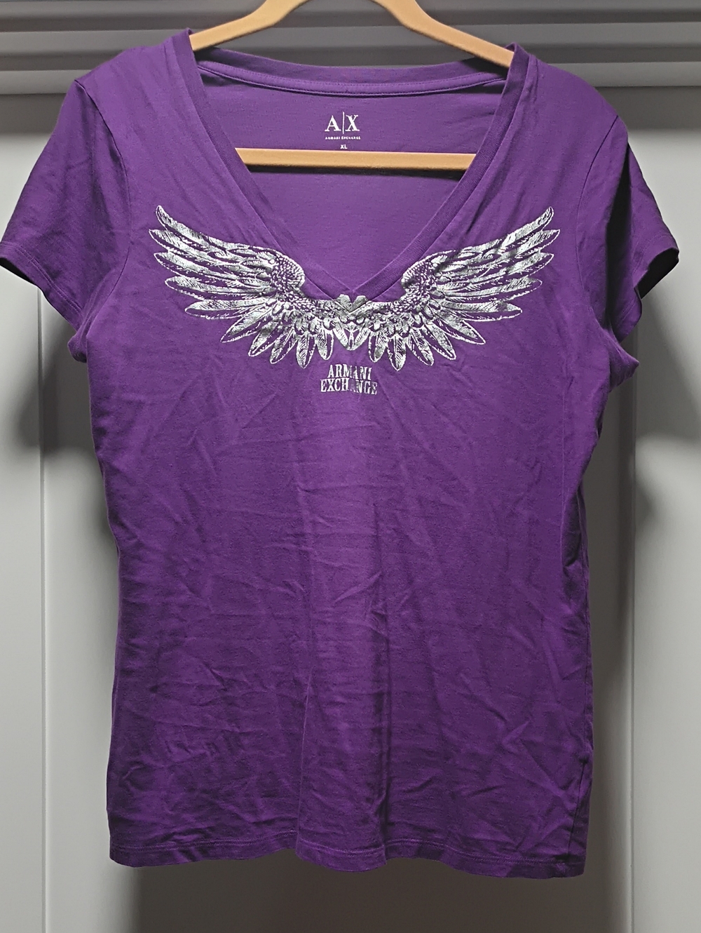 Armani Exchange Purple V-Neck Tee with Silver Wing Graphic